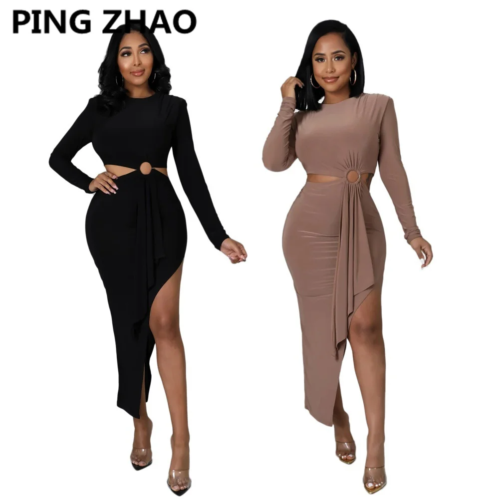 

PING ZHAO Women Solid Cut Out Waist Long Sleeve Bodycon Midi Dress Sexy Party Club Night Slit Dresses