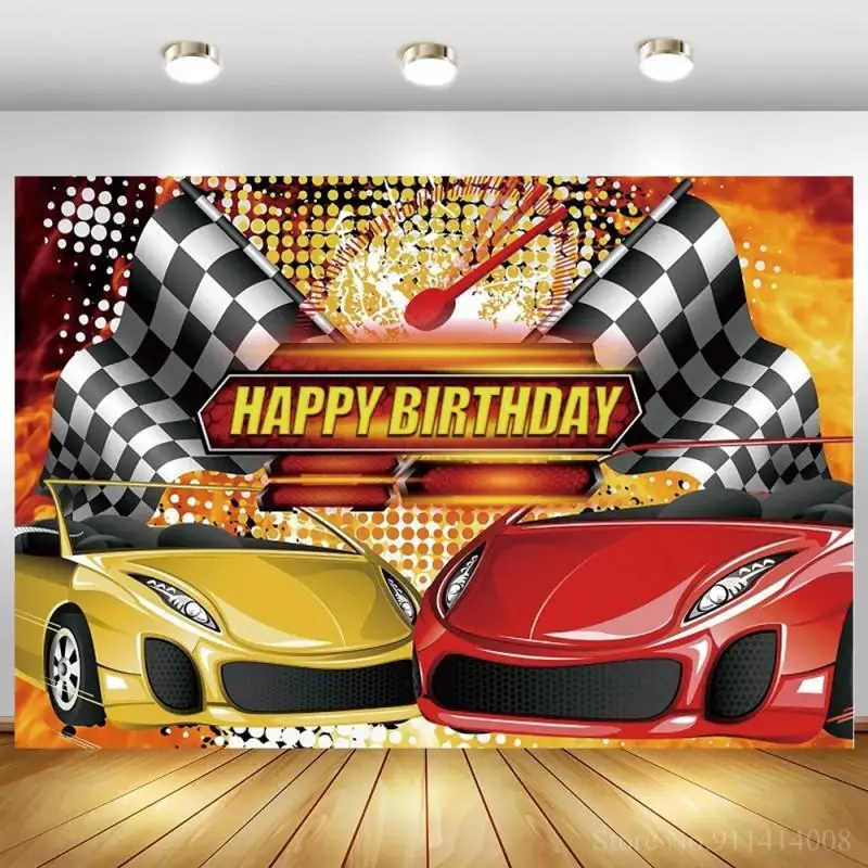 

Желтый красный гоночный автомобиль день рождения фон гонки флаги тема мальчик дети игрушки вечерние ринка Декор сетка баннер Фон фотографии