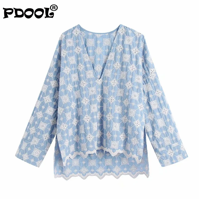 

Blouses Women 2021 Embroidered Blue Top Woman Vintage Long Sleeve Summer Blouse Female Asymmtric Hem Elegant Blouses