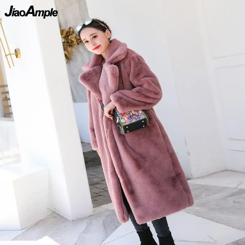Women's Winter Warm Long Faux Rabbit Fur Coats 2021 Lady Graceful Loose Solid Open Stitch Outside New Thick Plush Outwear Female