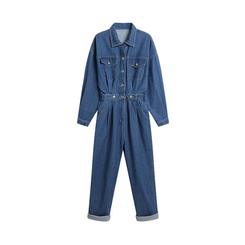 

Fall 2020 Women Jeans Jumpsuit Vintage Single-breasted Loose Denim Jumpsuit Women Fashion Long Sleeve Blue Bodysuit Monos Mujer