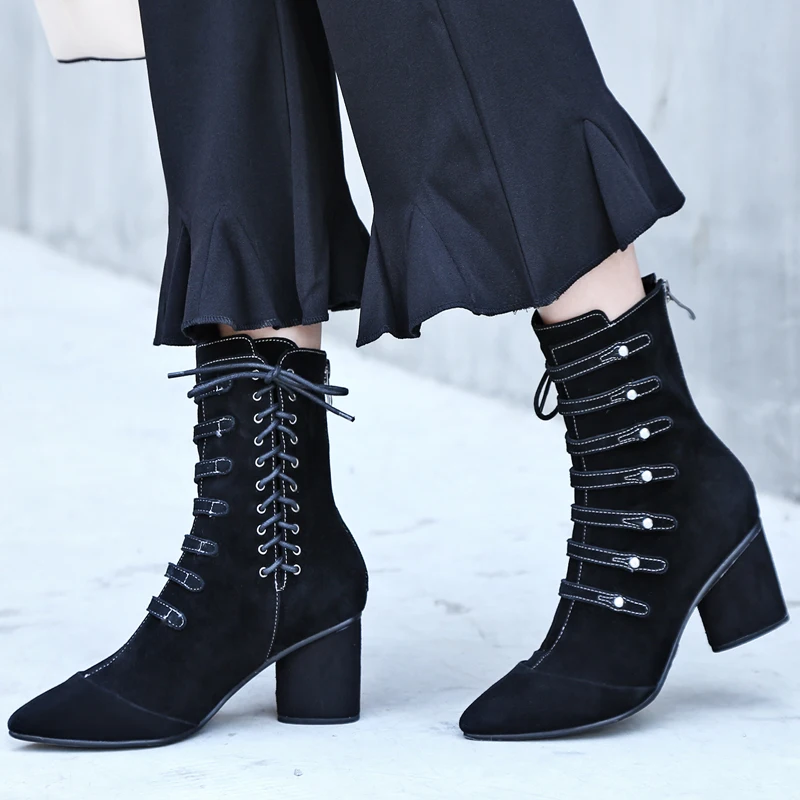 Модные женские ботинки из натуральной кожи обувь на высоком каблуке зимние