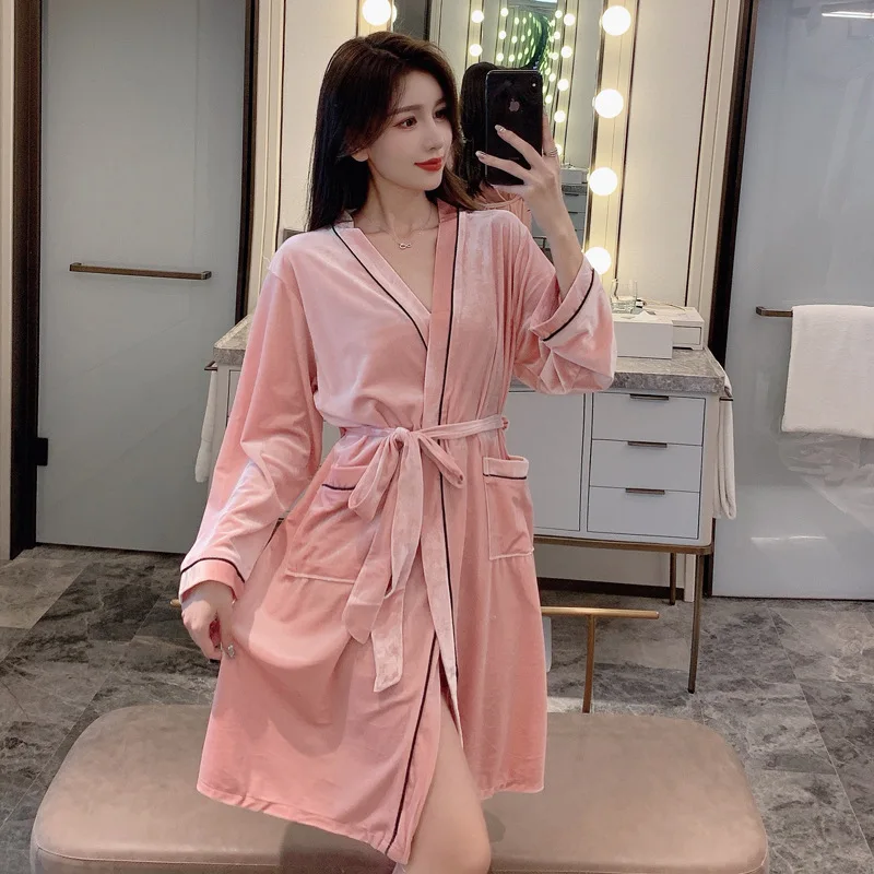

Pink Velour Sleepwear Women Kimono Robe Gown Casual Nightdress Loose Bathrobe Intimate Lingerie Soft Nightwear Home Wear