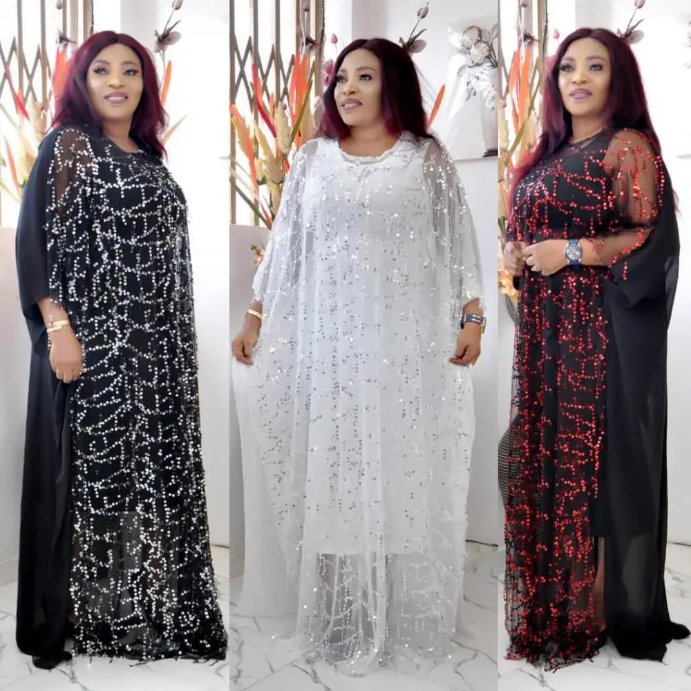 African Woman Dress Solid Sequins Decoration Polyester Chiffon Fabric Loose Plus Size Long Robe With Stretch Long Vest Dress