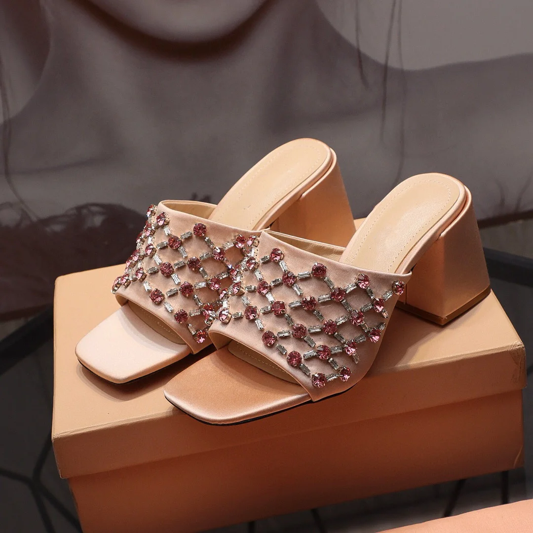 

High heels women 2021 summer versatile chunky heels sandals fashion rhinestone open-toe flip-flops wearing slippers trend