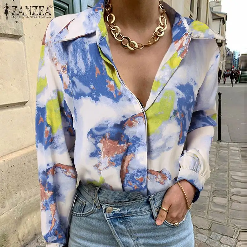

Oversized ZANZEA Women Bohemian Printed Blouse 2021 Spring Autumn Long Sleeve Tops Casual Turn Down Collar Loose Blusa Femininas