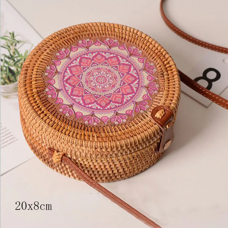 flower D 20X8cm Солнечный пляж, ручные тканые сумки, круглая сумка с пряжкой, Ротанговые соломенные сумки, ранец, богемная пляжная круглая сумка - Цвет: flower D 20X8cm
