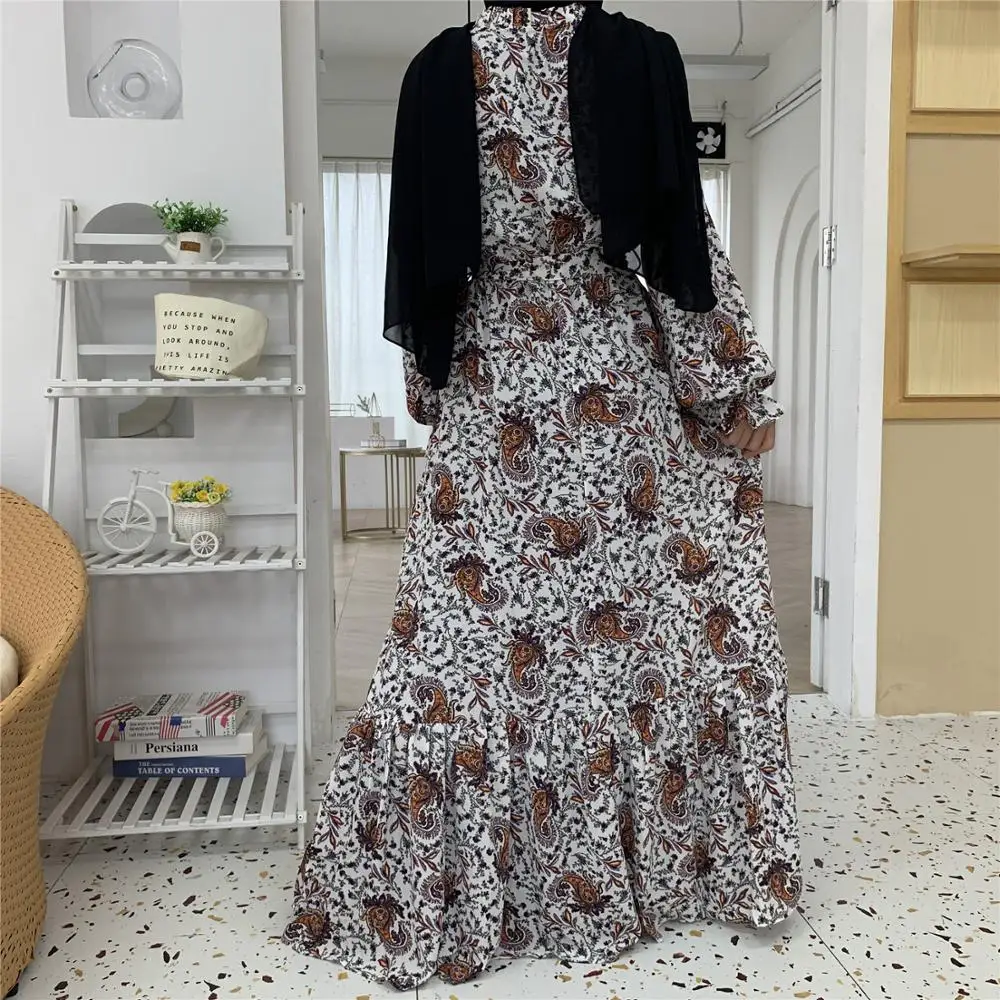 

New Muslim Dress Floral Chiffon Printing Dress For Women Latest Flare Islamic Dresses Dubai Middle East Fashion Womet Dress