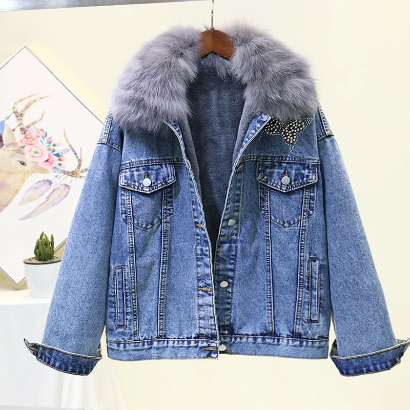 Зимняя Модная Джинсовая куртка с бусинами и бабочками Женская свободная