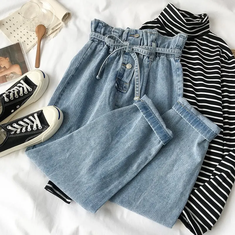 Korean Fashion Blue Jeans Woman Vintage Washed High Waist Female Casual loose Elastic Pockets Denim Pants | Женская одежда