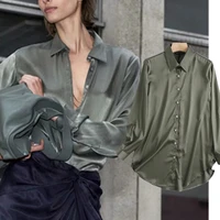 elmsk blusas mujer de moda 2021 shirt women tops england style fashion casual silk satin loose pleated in back blouse women