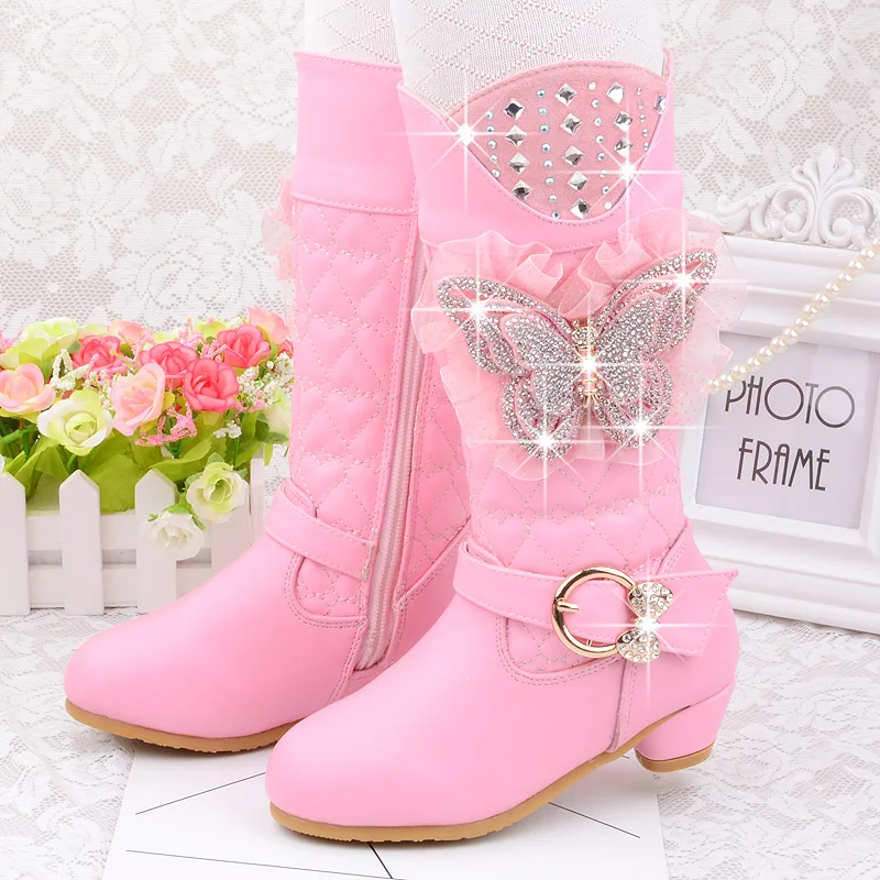 pink2 Г. Сапоги До Колена Для девочек зимние сапоги принцессы на высоком каблуке с блестками, стразы, бабочка и плюш вечерние туфли розовые, кружевные - Цвет: pink2