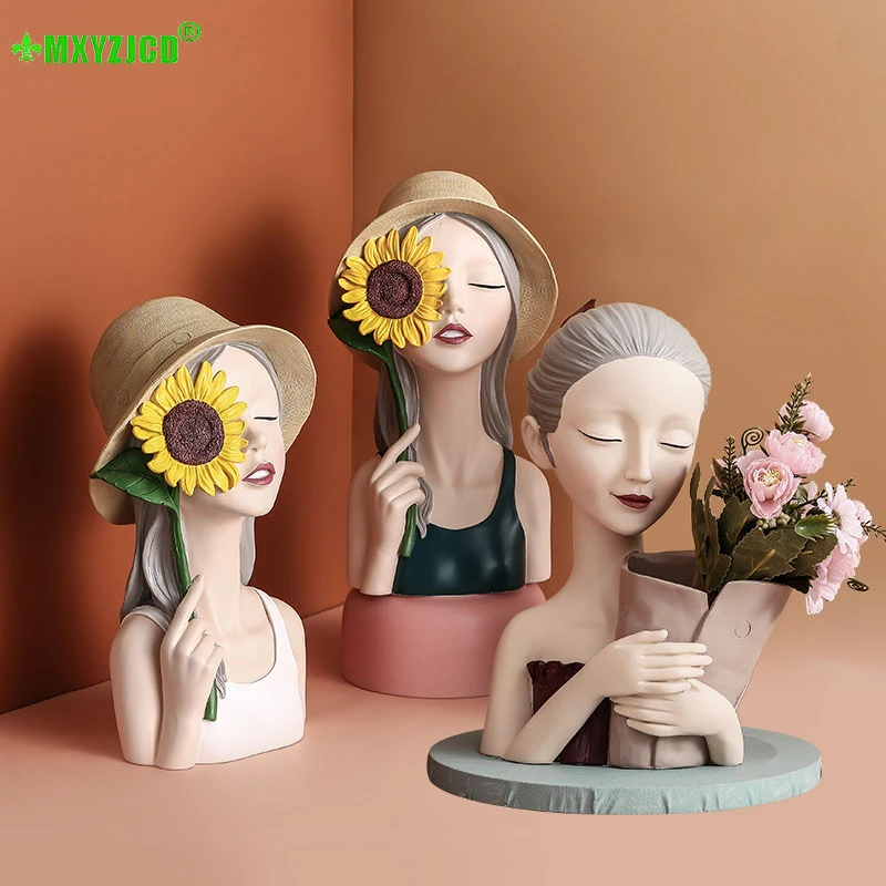 

Girl Statue Holding Flower Resin Vase Arts And Crafts Ornaments Home TV Wine Cabinet Decoration Storage Pot Flower Pot