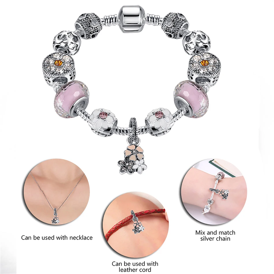 Женский браслет-Шарм с розовыми стеклянными бусинами серебристого цвета |