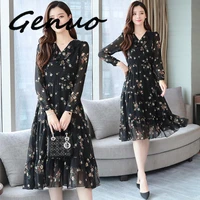 summer black vintage floral chiffon midi sundress 2019 elegant women boho dresses party short sleeve runway vestidos