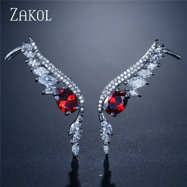 Red ZAKOL, Новое поступление, кубический цирконий, багет, камни, крылья, запонки, для ушей, для личности, Сверкающий Лист, женские свадебные серьги, FSEP2103 - Окраска металла: Red