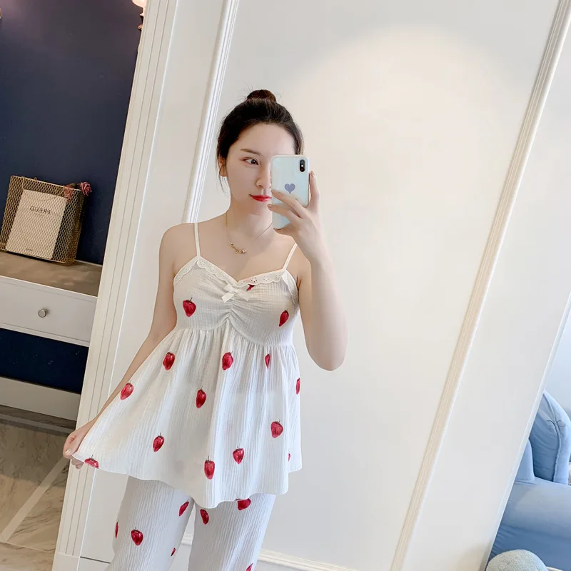 

Autumn and Winter New Women's Cotton Outer Strap Hanfu Pajamas Strawberry Cardigan Home Service Set Pijama Invierno Mujer 2020