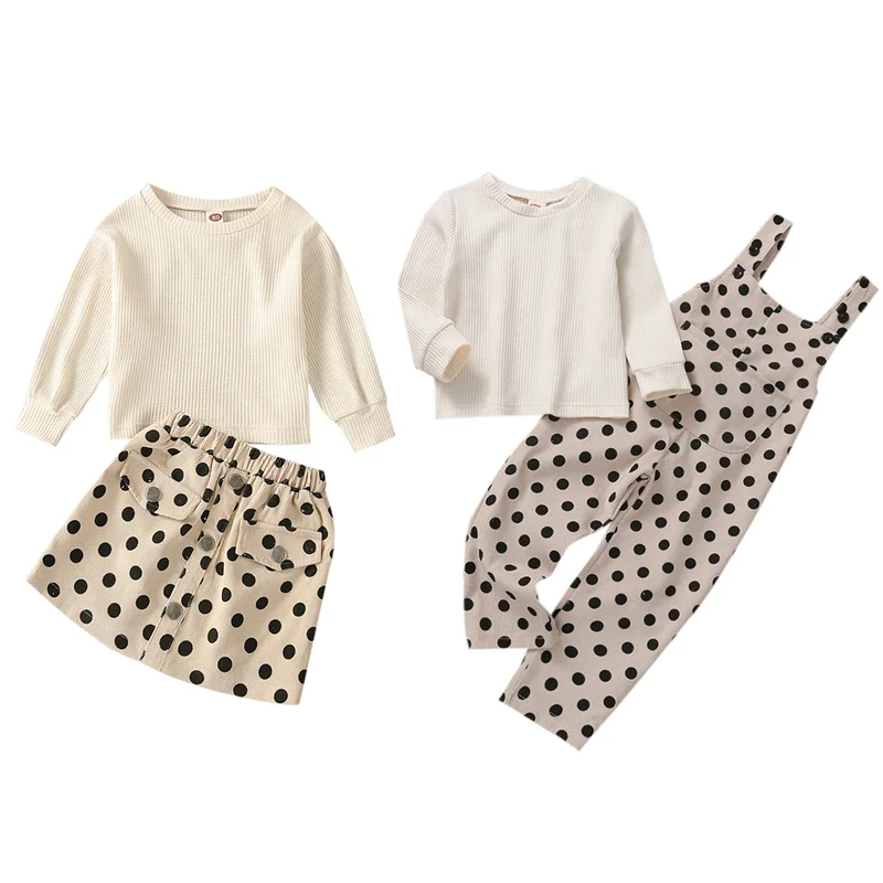 

Повседневная одежда для младенцев, однотонный пуловер с длинным рукавом и круглым вырезом для девочек + юбка/комбинезон в горошек с кармана...