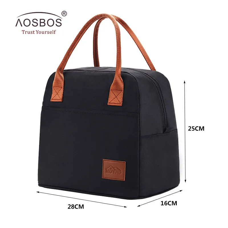 M0141-Black Aosbos, Модная Портативная сумка-холодильник для обеда, термоизолированная одноцветная Сумка-тоут, большая сумка для еды, пикника, Ланч-бокс, сумка для мужчин, женщин и детей - Цвет: M0141-Black