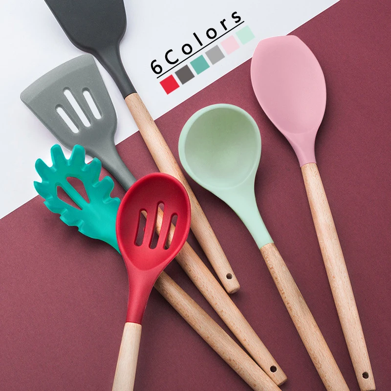 

11 To 13pcs Silicone Cooking Utensil Set Kitchen Utensils Non-stick Spatula Premium Wooden Handle With Storage Box Kitchen Tools