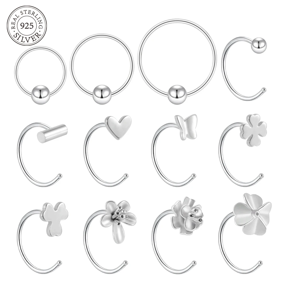 1PC 925 Sterling Silver C Shape Nose Ring Heart Butterfly Nariz Pircing Labret Lip Rings Earrings Piercing Body Jewelry