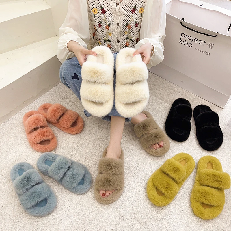 Winter Women House Slippers Faux Fur Flat Warm Shoes Furry Home Slippers Non-slip Solid Hollow out Fuzzy Slippers For Female