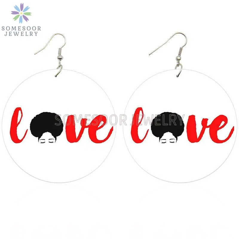 

SOMESOOR Love Afro Natural Hair Black Artstic Wooden Drop Earrings Both Sides Printed Curls Head Wood Dangle For Women Gifts