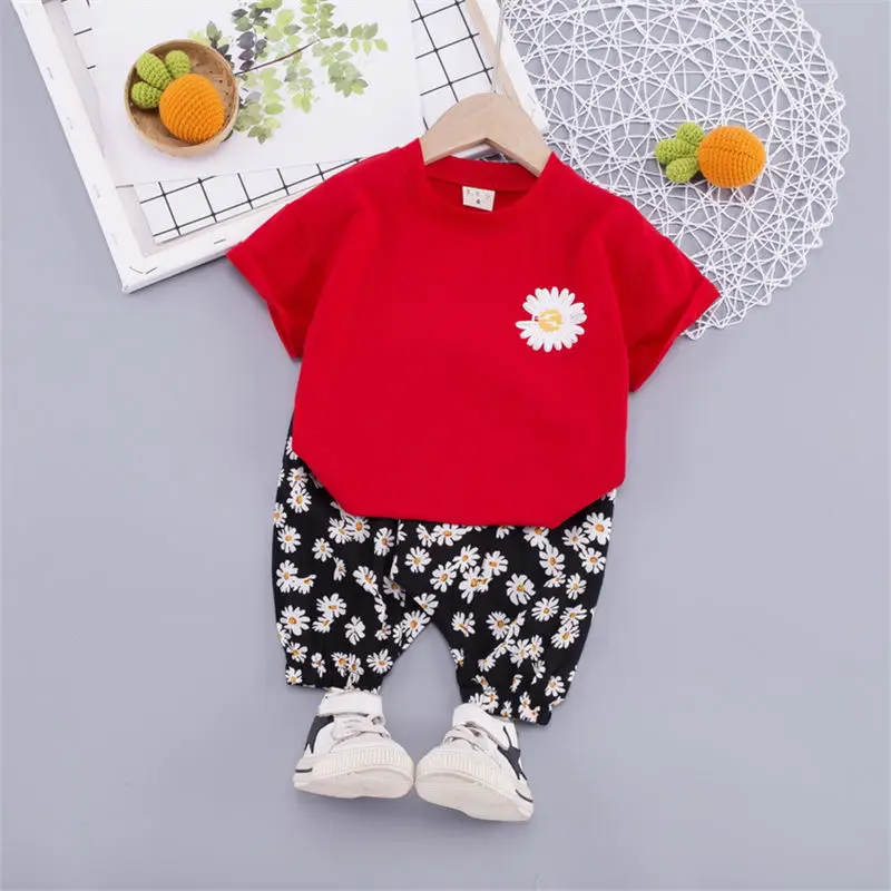 2020 летний детский модный костюм одежда для малышей футболка с цветочным принтом
