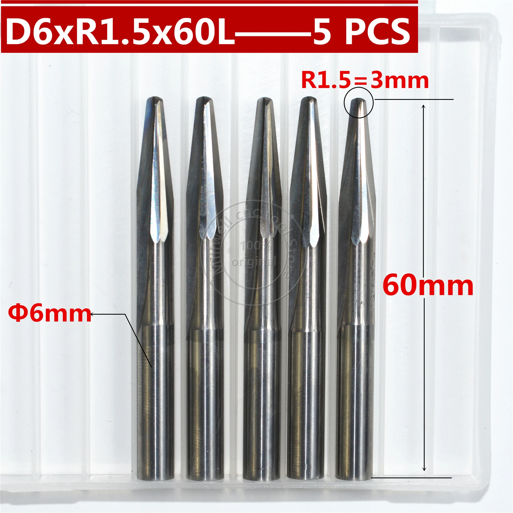 5 шт.-6 мм * R1.5 60 л твердосплавная фреза с ЧПУ для деревообработки коническим