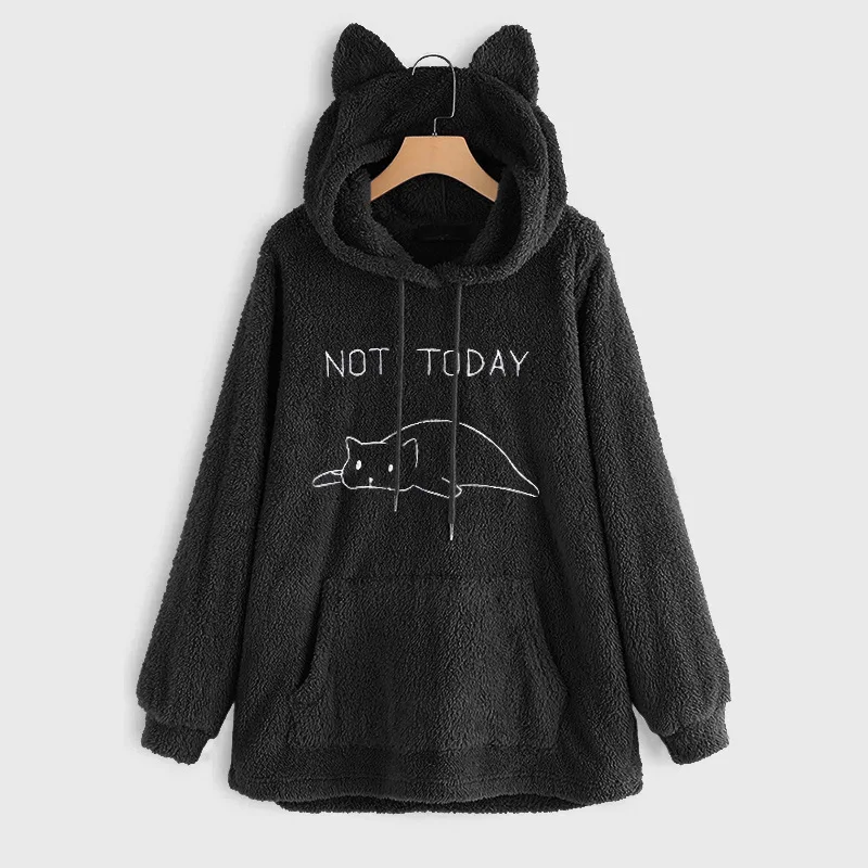 

Oversize Fleece Hoodie With Cat Ears Women Autumn Winter Pullover Double-Sided Plush Embroidery Hooded Sweatshirt NYZ Sh