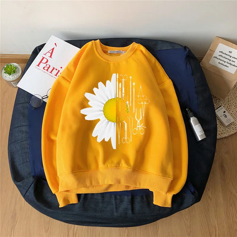 

Women Hoodie Part Daisy Printed Hoodies Women Fleece Long Sleeve O Neck Loose Sweatshirt Girls Pullovers Winter