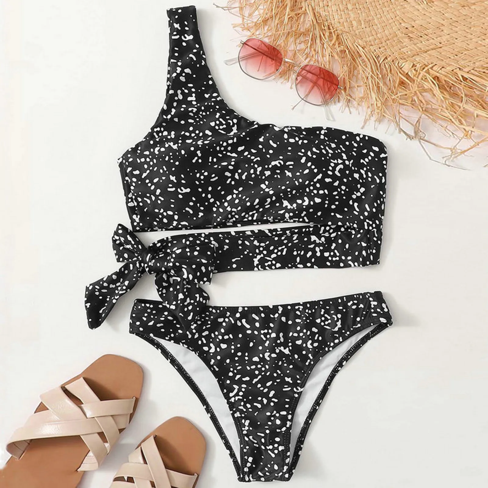 

New Swimwear High Waist Bandage Bikini Women's Floral Print Split Swimsuit Lady Sexy One Shoulder Beachwear