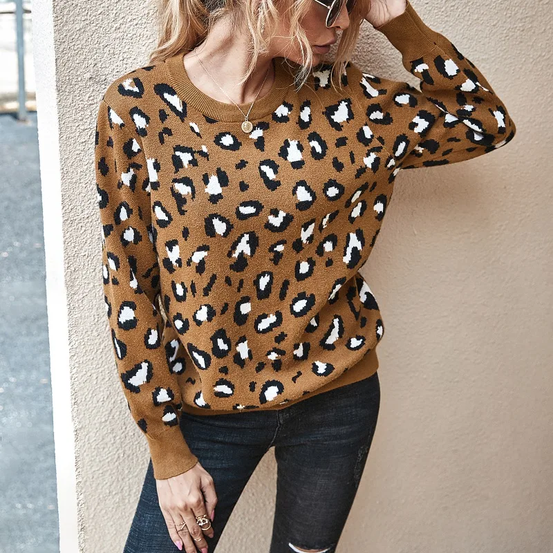

EFINNY Hot Sale Autumn And Spring Women's Leopard Round Neck Open Back Casual Long SleeveTunic Fashion Camouflage Tops