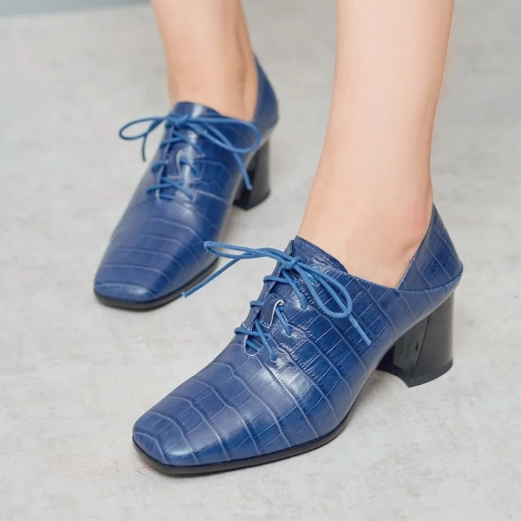 

MLJUESE 2020 women pumps autumn spring soft cow leather square toe checkered blue color high heels lady shoes party size 42