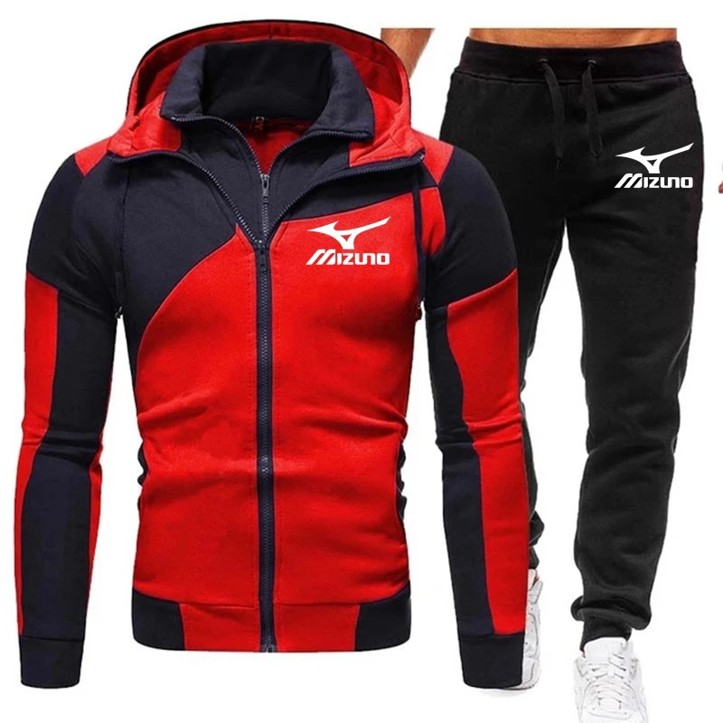 

2021 New Mizuno Men's Fashion Hooded Stitching Printed Zipper Jacket + Pants Suit Men's Hooded Sweater Casual Jacket With Hood