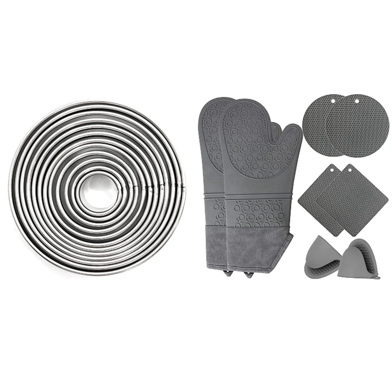 

12X Cake Ring Mold Stainless Steel Round Circle Cookie Mousse Mini Cake Ring & 1Set Silicone Oven Mitts And Hot Pads Set