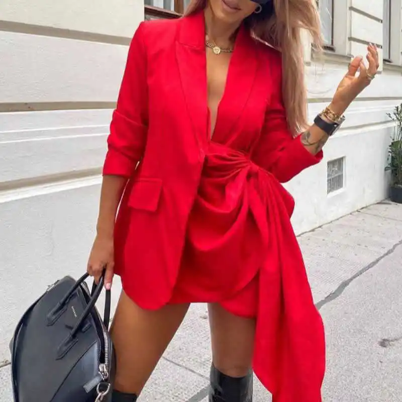 

SHNEGPALAE Temperament Red Blazer Women's Autumn 2021 New Notched Loose Side Button Tiwst Irregular Suit Coat Female 16W1654