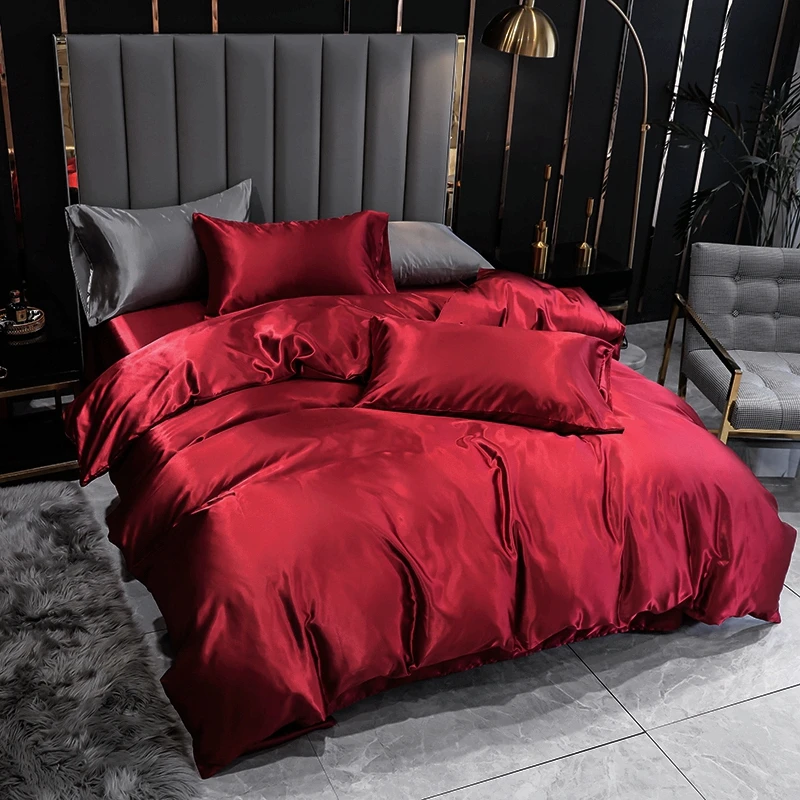 

Red wine bedding sets duvet cover set pillowcase 3pcs US queen Twin Au JP FR SIZE imitation silk For Deep Sleep
