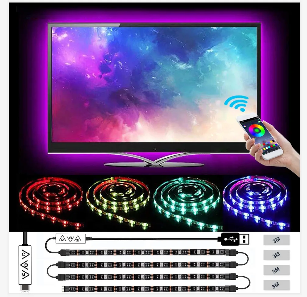 

Светодиодная лента Rgb 5050, 1/3/5 м, Usb, подсветка телевизора, домашний декор, совместимая с Bluetooth, гибкая лента для спальни, стены, комнатного осве...
