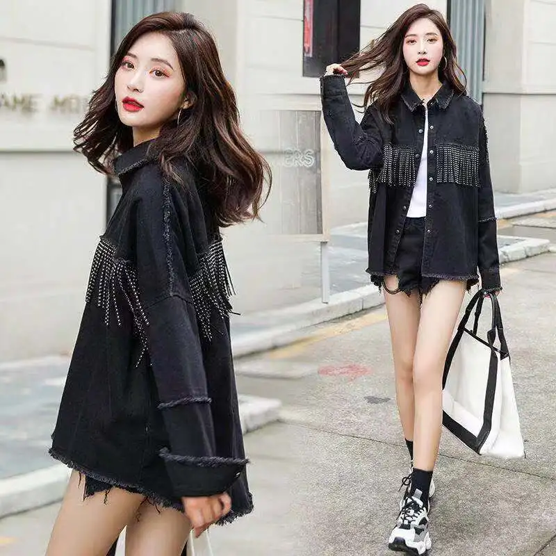 

2020 Vintage Stylish Fringe Loose Denim Jacket Coat Women Fashion Long Sleeve Frayed Trim Ladies Outerwear Chaqueta Mujer Black