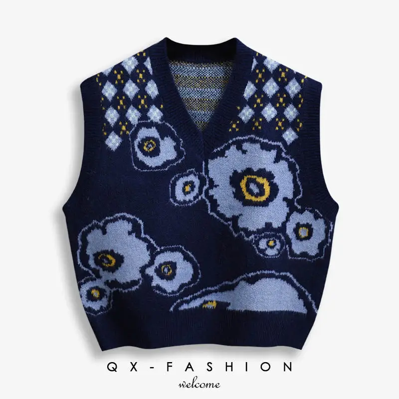 

Women Vest Knitting Sweater Sleeveless V-neck New Loose Floral Vintage Streetwear Student Female Pullovers Sweatar