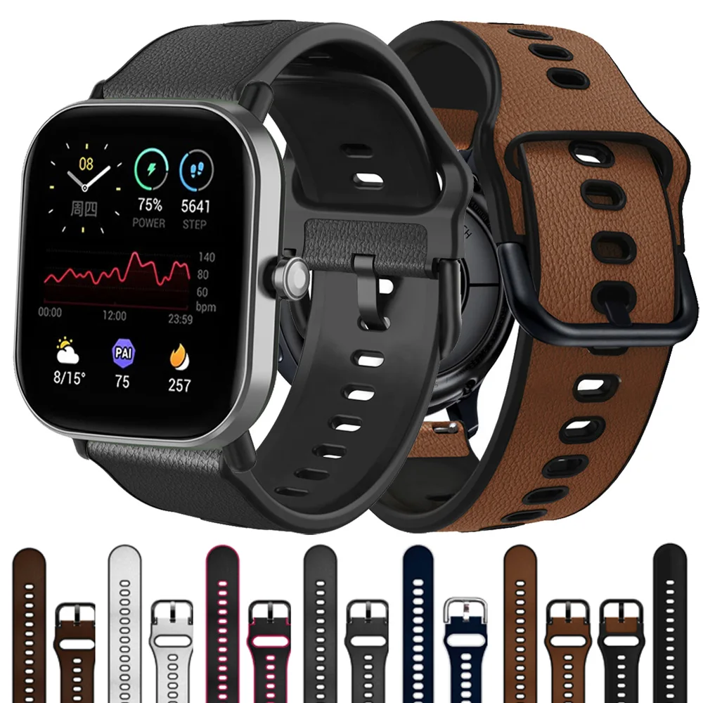 

For Huami Amazfit GTS 2 mini 2e / Bip U Pro S Lite Strap Genuine Leather + Silicone Band Bracelet Watchbands Wristband correa