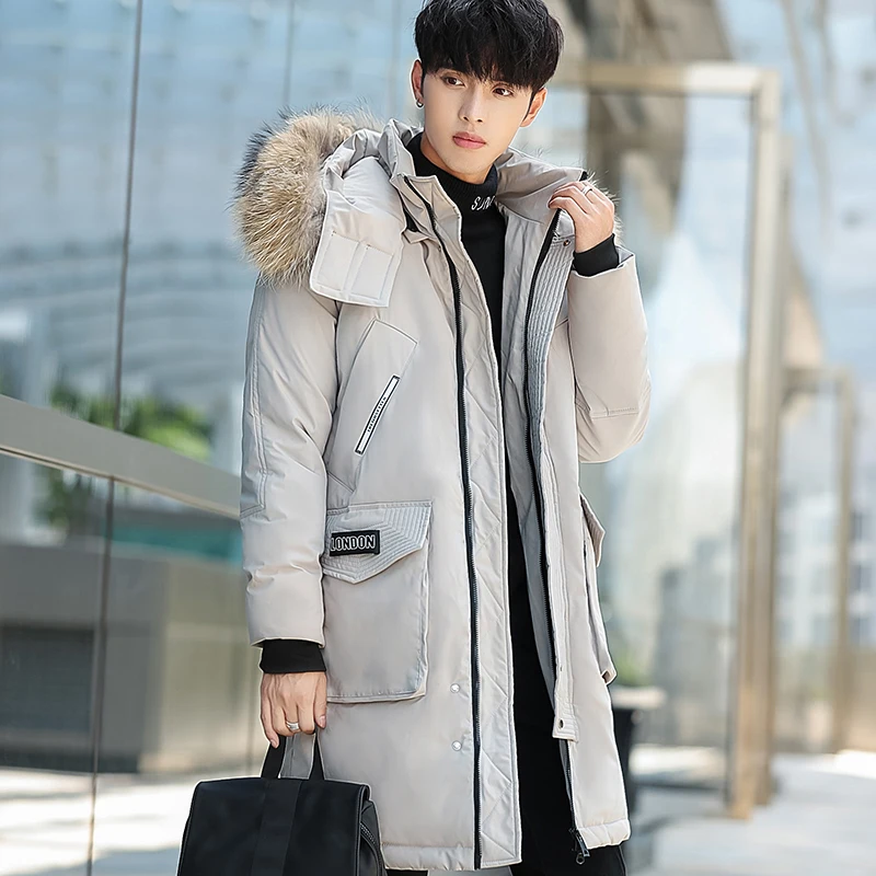 Winter men's down jacket 90% white duck down coat fashion trend thicken warm fur collar mid-long jacket casual running men style