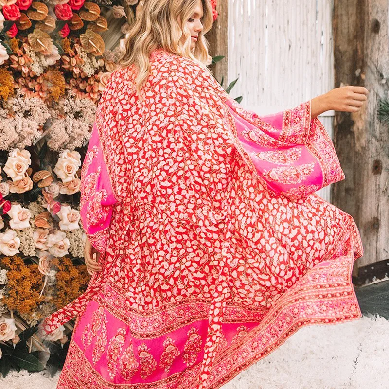 2021 Sexy Beach Cover Up Red Floral Chiffon Swimwear Loose Long Overclothes Ladies Beach Holiday Sunscreen Bikini cover