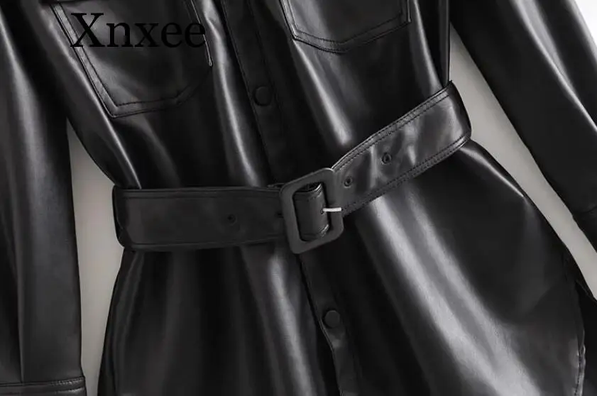 Slim PU Coats Women Fashion Faux Leather Jackets Women Elegant Tie Belt Waist Pockets Buttons Coats Female Ladies faux leather