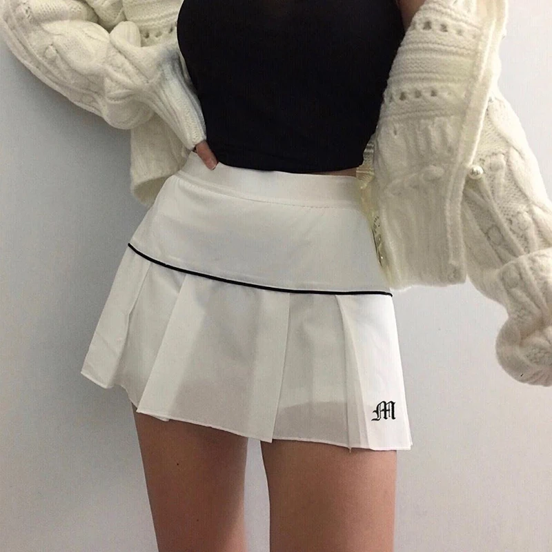 

2021 Embroidery Letter Casual Pleated Skirt Preppy Style High Waist Patchwork A-line Mini Short Skirt Streetwear Women's Clothes