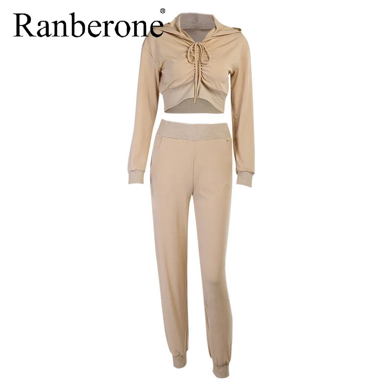 Ranberone 2 PCS Women's Tracksuit Sexy Drawstring Crop Top Pants Women High Waist Loose Trousers Gym Fitness Sport Suit Female