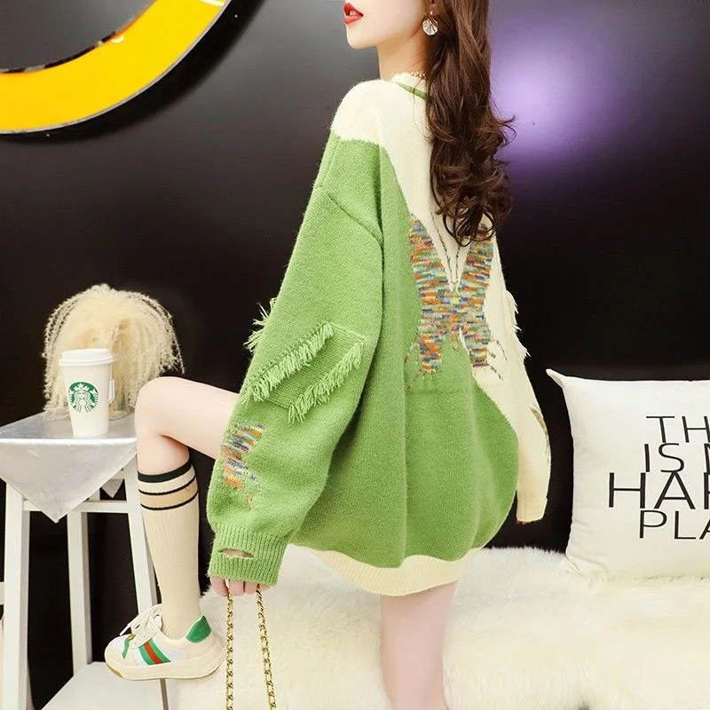 

Женский винтажный пуловер с бабочками, свободный Универсальный пуловер с длинным рукавом, Осень-зима 2022