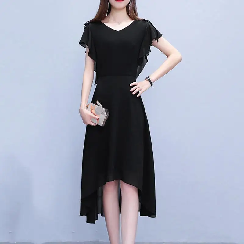 

Women 2020 Summer Chiffon Dress Fashion Female Plus Size 4XL Irregular Ruffle Pleated Dresses Casual Ladies Elegant Vestido V174