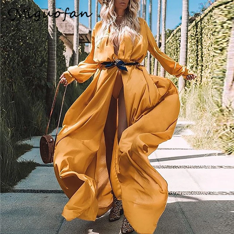 Женское Макси Платье с запахом Miguofan длинное однотонное платье глубоким v